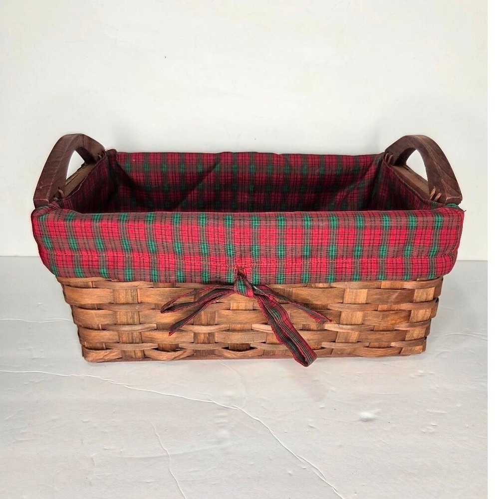 Handwoven Wood Basket with Red Green Plaid Liner Wooden Handles Holiday Decor